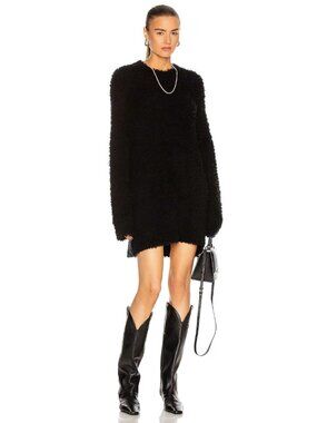R13 Black Wool Blend Teddy Bear Crew Neck Oversized Sweater Dress, Size S
